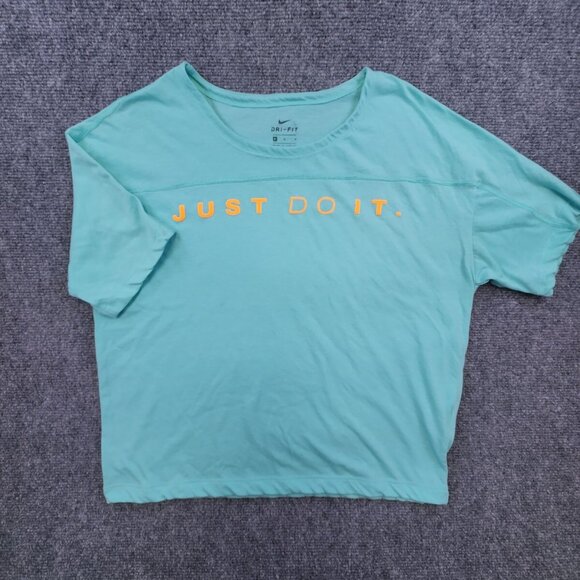 Nike Dri-Fit Just Do It Woman's Medium Light Blue Short Sleeve Crop Tshirt - Picture 2 of 6